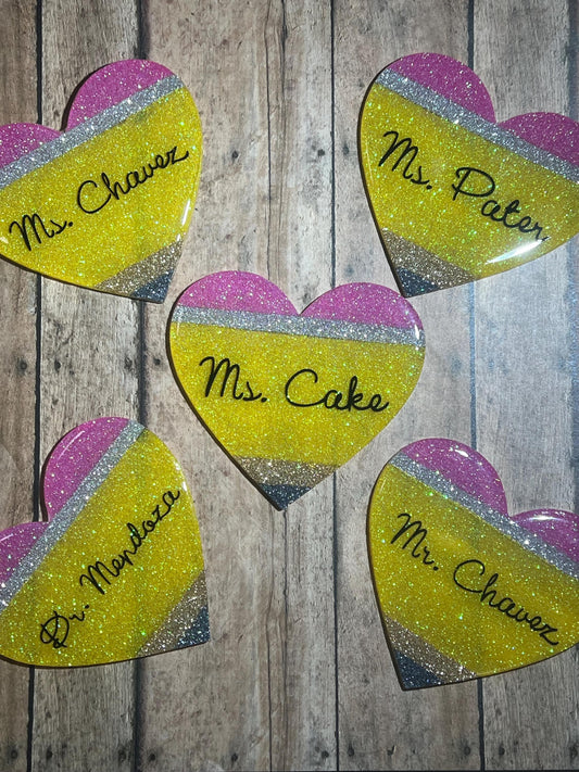 Glitter Pencil Heart Coaster | Customizable Resin Desk Gift for Teachers, Staff, or Coworkers