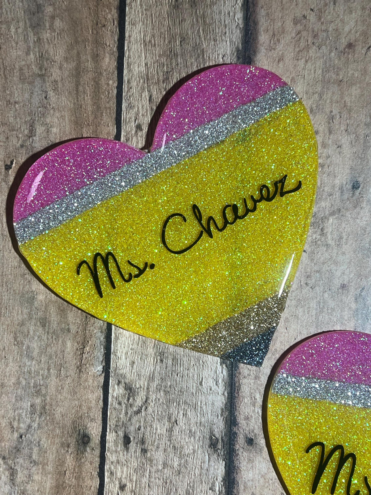 Glitter Pencil Heart Coaster | Customizable Resin Desk Gift for Teachers, Staff, or Coworkers