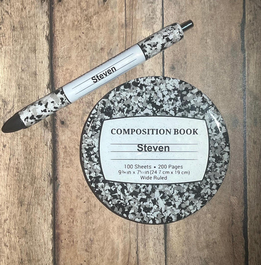 Personalized Composition Notebook Resin Coaster and Pen Set