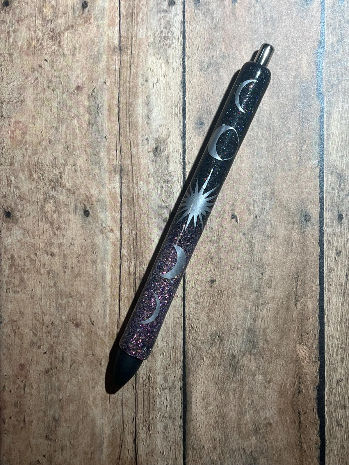 Moon Phase Glitter Pen: Fantasy Resin Black Ink Pen - Celestial Gift