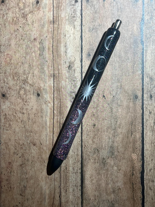Moon Phase Glitter Pen: Fantasy Resin Black Ink Pen - Celestial Gift