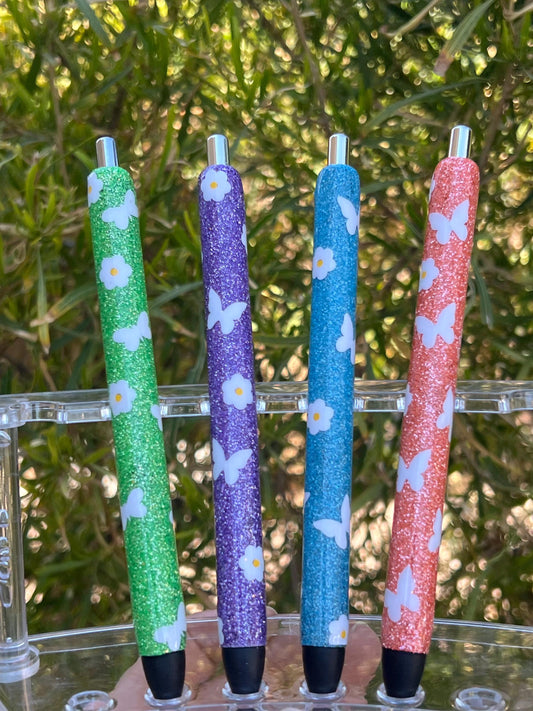 Butterfly & Daisy Glitter Resin Pen: Refillable Spring Stationery