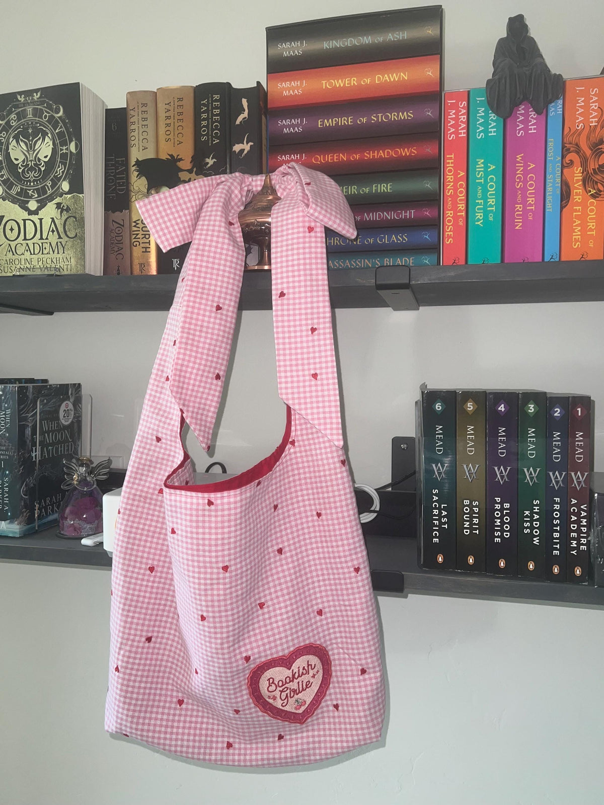 Handmade Bookish Tote Bag with Custom Patch  Limited Edition Gingham Book Lover Gift